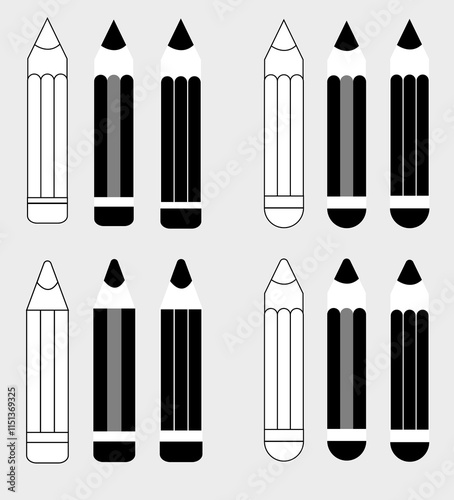 pencil icon, sign, symbol sheet with different type and color black and white with sharp and dull style 