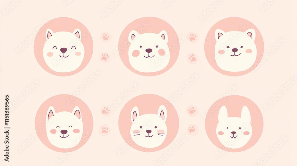 minimal line art dog faces collection, circular pastel backgrounds, adorable expressions, hand-drawn style, simple shapes, kawaii art style, curly fur details, soft pencil sketch, emotional puppy minimal line art dog faces collection, circular pastel backgrounds, adorable expressions, hand-drawn style, simple shapes, kawaii art style, curly fur details, soft pencil sketch, emotional puppy