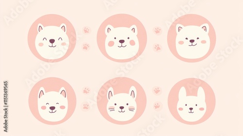 minimal line art dog faces collection, circular pastel backgrounds, adorable expressions, hand-drawn style, simple shapes, kawaii art style, curly fur details, soft pencil sketch, emotional puppy