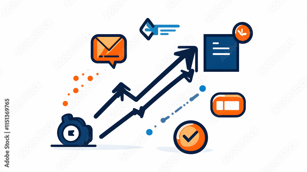 Upward trending business growth graphic with email, document, and checklist icons, illustrating productivity and success. Upward trending business growth graphic with email, document, and checklist icons, illustrating productivity and success.