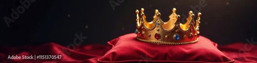 Golden crown resting on velvet pillow, surrounded by sparkling gems and subtle royal crests, gold, regalia