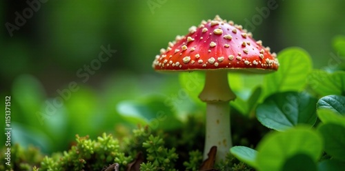 Red cap of fly agaric mushroom against green leaves, ColorContrast, AmanitaMushroom, SporePrint photo