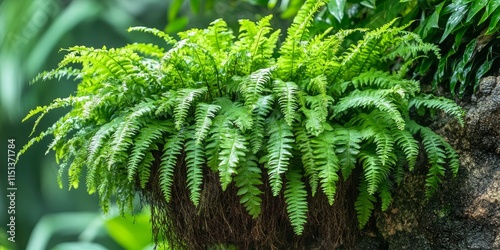 Basket fern, also known as Drynaria roosii, thrives beautifully on the tree, showcasing the unique growth habits of the basket fern in a natural setting filled with vibrant greenery. photo