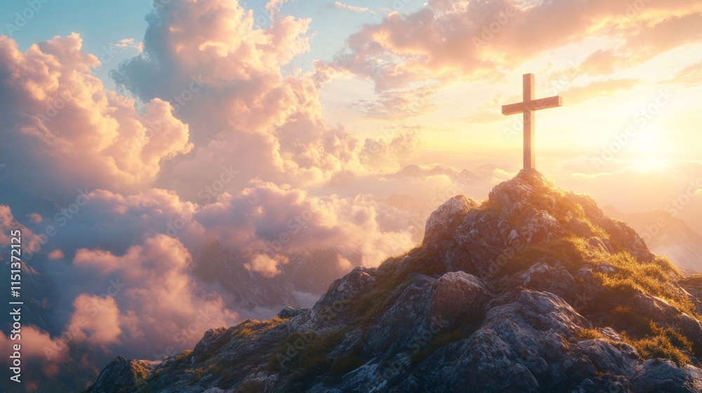 Wooden Cross Atop Majestic Mountain Peak At Sunrise Wooden Cross Atop Majestic Mountain Peak At Sunrise