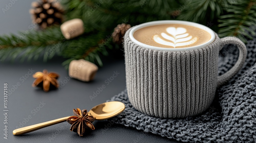 Cozy Winter Scene with a Knitted Mug of Coffee and Pine Cones on a Dark Background Cozy Winter Scene with a Knitted Mug of Coffee and Pine Cones on a Dark Background