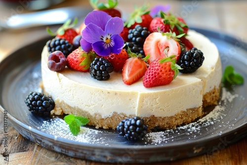 Creamy no bake cheesecake is garnished with fresh strawberries, blackberries, raspberries, edible flowers, and mint leaves