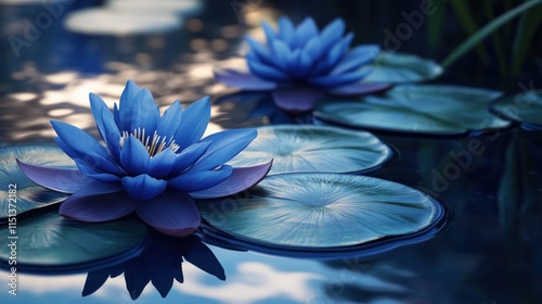 A tranquil scene of a water garden with floating blue water lotus flowers
