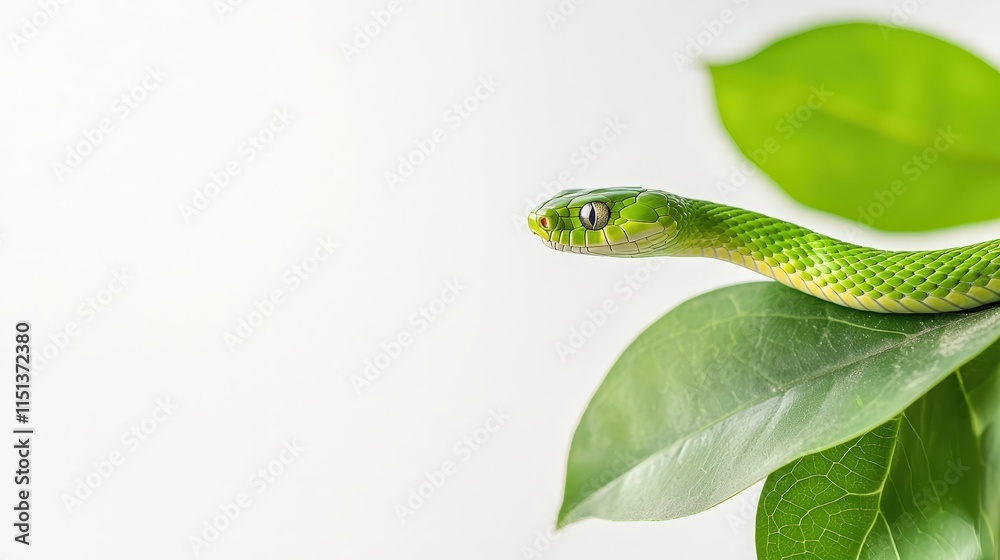 Fototapeta premium Green Snake on Leaf against White Background
