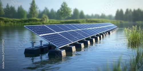 A row of polycrystalline silicon solar cells, also known as photovoltaics, is showcased in a solar power plant that floats on water, illustrating the innovative use of polycrystalline silicon