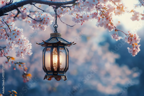 Lantern hanging from blossom tree branch. Generated AI