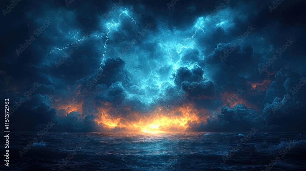 Fototapeta premium Fiery, stormy ocean; electric sky.