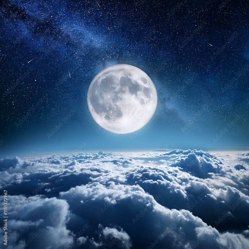 Fototapeta premium Night picture with bright moon above clouds at starry sky.