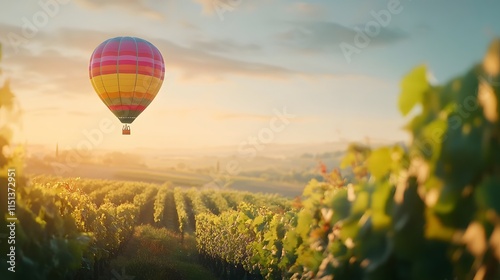 Brightly colored hot air balloon gliding over lush vineyard at dawn photo