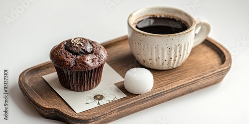 Espresso coffee served on a tray alongside a chocolate muffin, placed on a flower shaped chopping board with a sugar bowl, against a white background, complemented by a card featuring a smile.