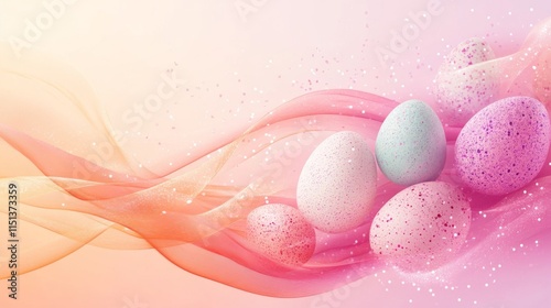 Pastel Easter Eggs Amidst Swirling Fabric and Confetti