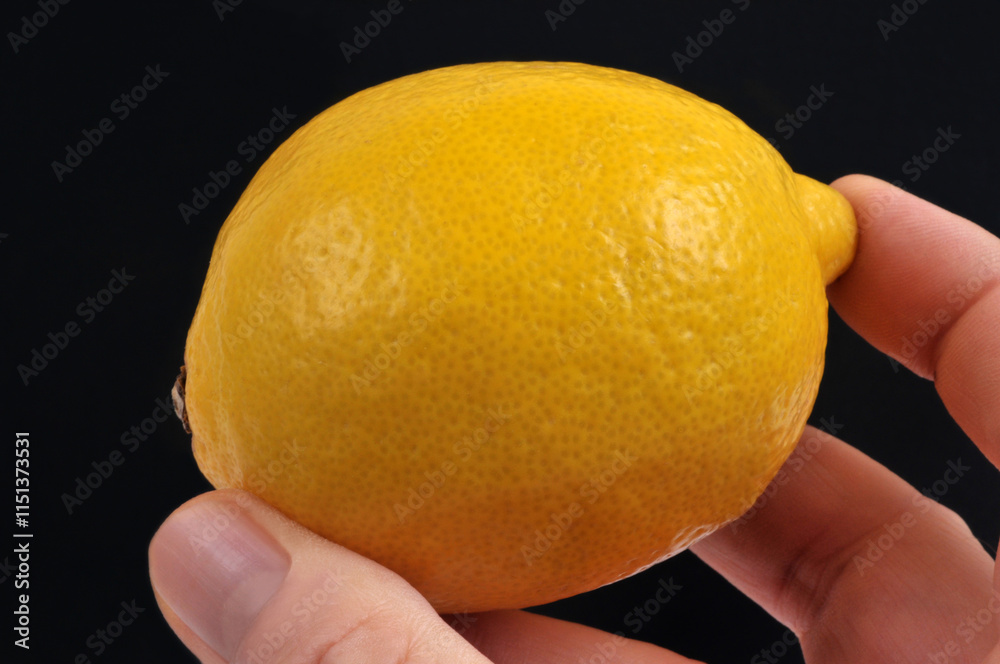 Citron tenu en main en gros plan sur fond noir Citron tenu en main en gros plan sur fond noir