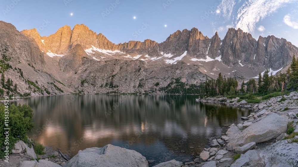 Fototapeta premium A tranquil mountain lake reflecting the moon and stars in the stillness of the night.