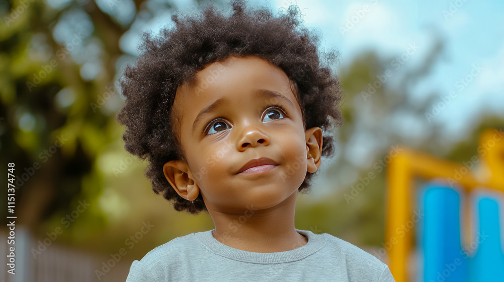 Curious african child with curly hair outdoors on a sunny day Curious african child with curly hair outdoors on a sunny day