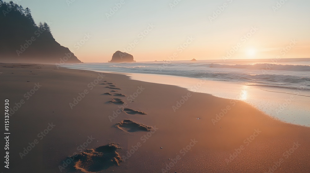 Serene beach at sunset with tranquil waves and gentle footprints leading toward the horizon Serene beach at sunset with tranquil waves and gentle footprints leading toward the horizon