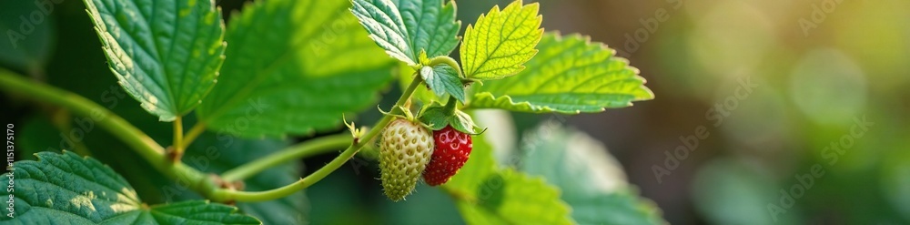 Small green strawberry leaves and stems on a stem with buds, branching, buds Small green strawberry leaves and stems on a stem with buds, branching, buds