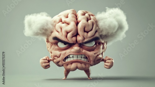 Angry Brain Character Illustration: A 3D Render of a Furious Brain with Steam,  Expressing Intense Rage and Frustration