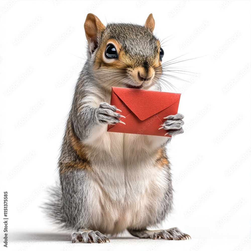 Fototapeta premium Playful squirrel clutching red envelope outdoor scene animal photography festive atmosphere whimsical concept for chinese new year
