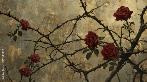 A twisting vine of blood-red roses and sharp thorns, illuminated subtly against a moody backdrop.