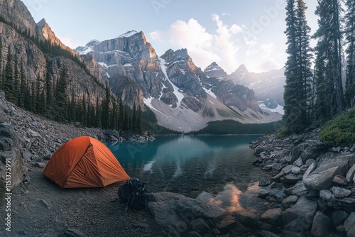 Sunrise over turquoise lake, tent by rocky shore, majestic mountains. photo