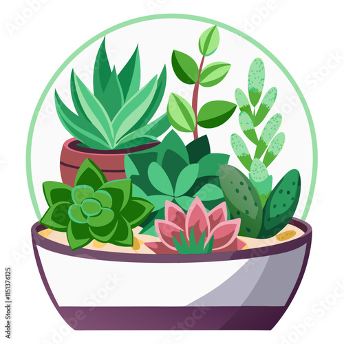 Potted plant terrarium featuring diverse succulents in a decorative container