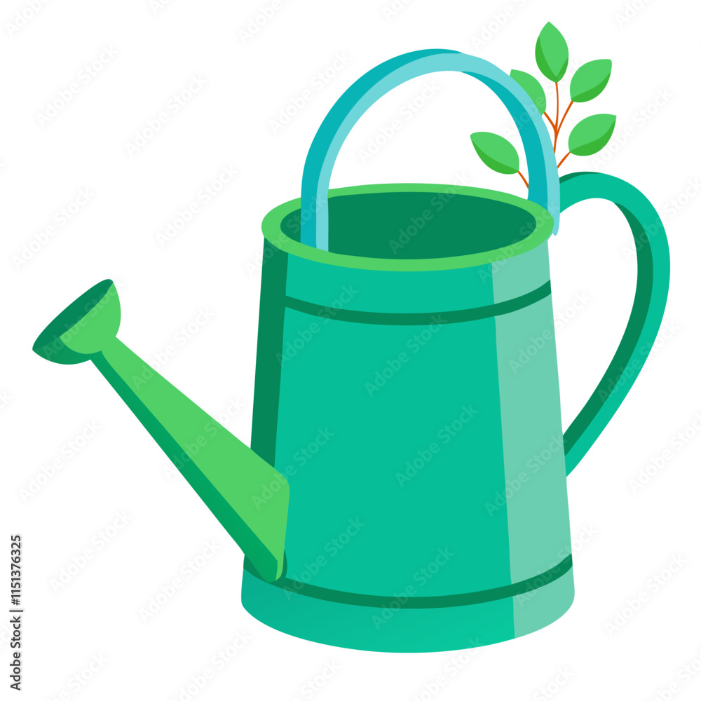 Colorful green watering can with a handle and plant detail on a white background for gardening enthusiasts and plant lovers Colorful green watering can with a handle and plant detail on a white background for gardening enthusiasts and plant lovers