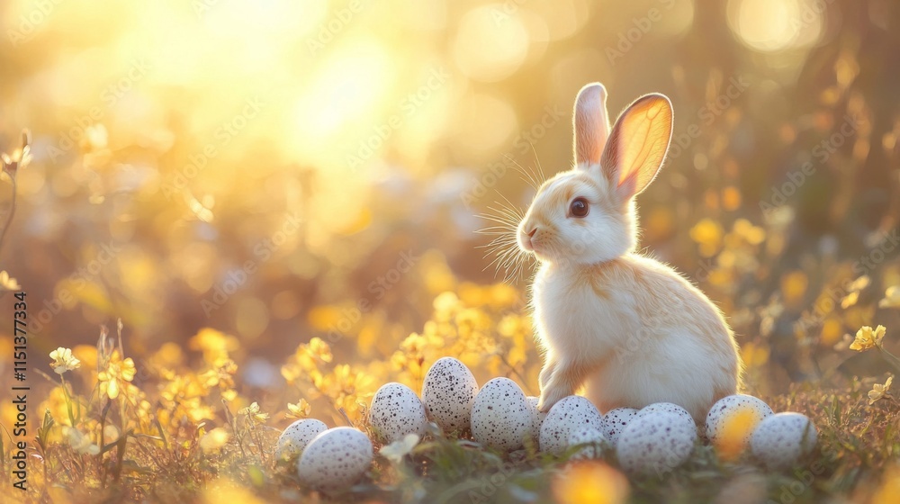 Fototapeta premium Adorable Bunny Rabbit Amidst Easter Eggs and Blossoms