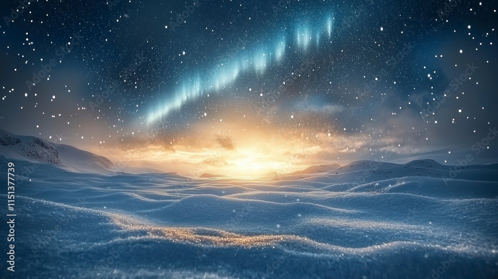 Fototapeta premium Dreamlike Winter Landscape with Snowy Terrain and Northern Lights Overhead, Evoking a Magical Holiday Atmosphere
