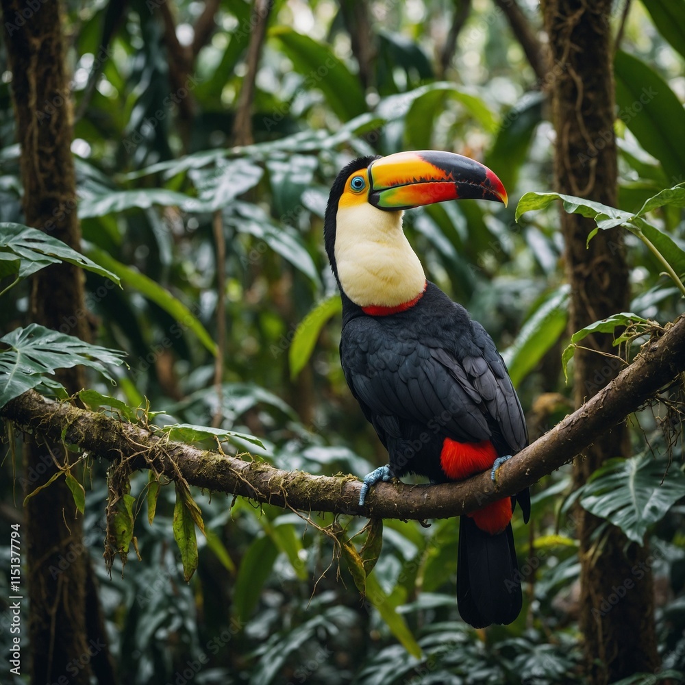 A toucan with its vivid beak sitting on a vine in a dense tropical forest. A toucan with its vivid beak sitting on a vine in a dense tropical forest.