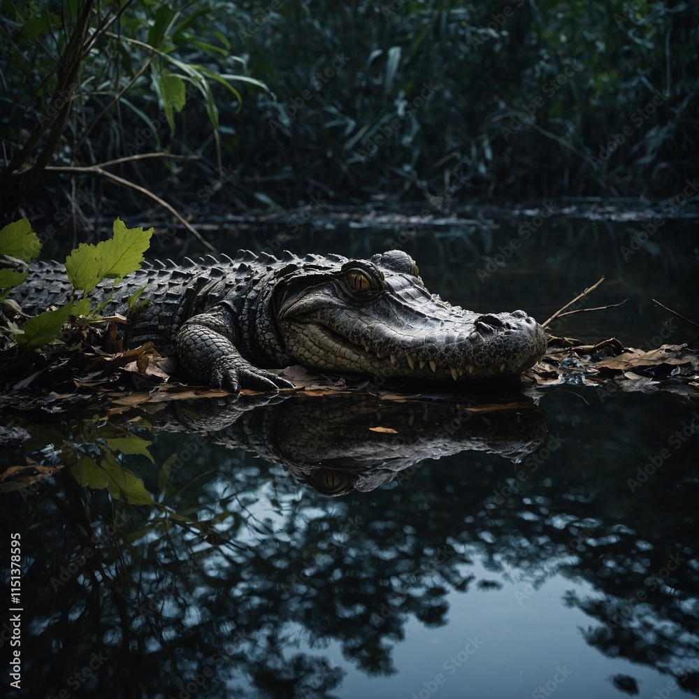 Obraz premium A caiman lying still in a dark river, with overhanging roots and leaves reflected in the water.