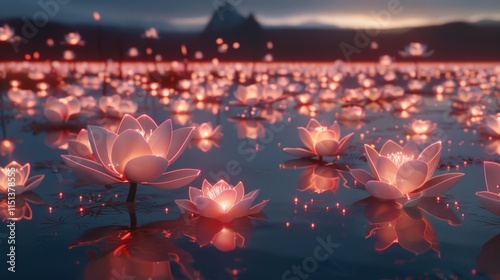 Wallpaper Mural Glowing lotus flowers floating on dark water at dusk. Torontodigital.ca