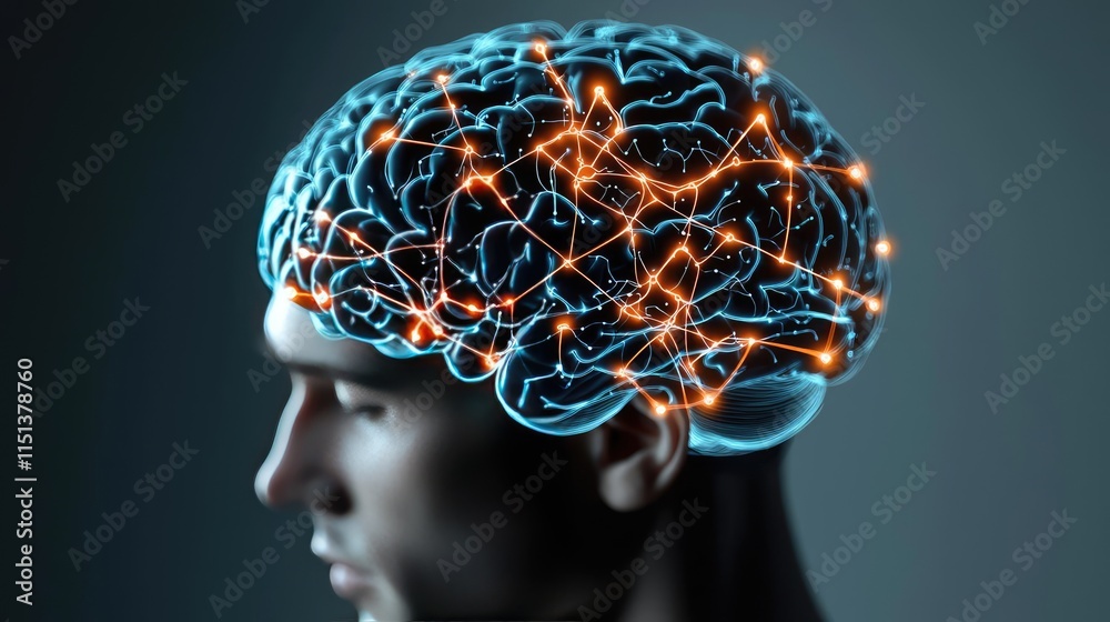 Obraz premium Epilepsy disease concept. Abstract representation of a human brain with neural connections illuminated.