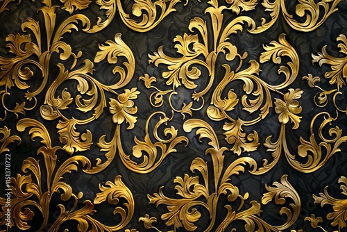 Golden floral ornament decorating a dark surface, creating a luxurious and elegant pattern photo