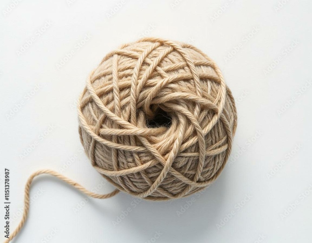 Neutral beige yarn ball with detailed winding pattern on white background Neutral beige yarn ball with detailed winding pattern on white background