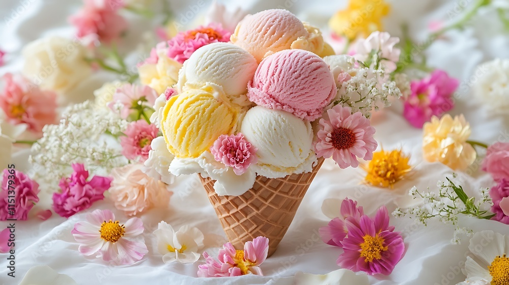 Fototapeta premium A playful dessert display of an ice cream bouquet, scoops of pink, yellow, and white ice cream in a cone styled as a flower bouquet, topped with vibrant edible flowers,