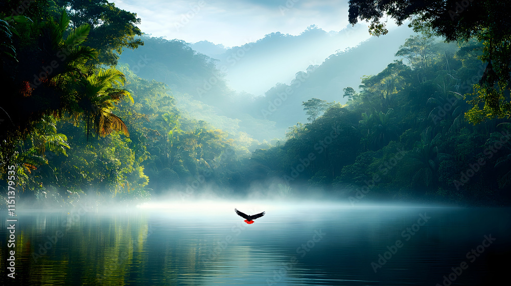 Fototapeta premium Eagle soaring over misty jungle river at sunrise, tranquil nature scene, travel brochure.