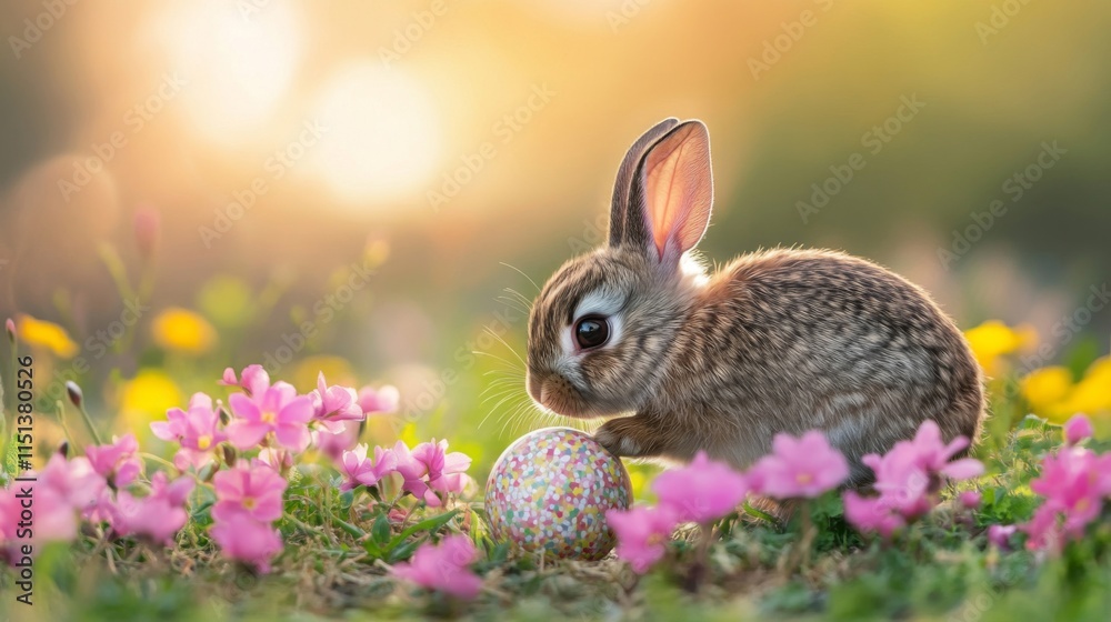 Fototapeta premium A Baby Bunny Beside A Colorful Easter Egg In Flowers