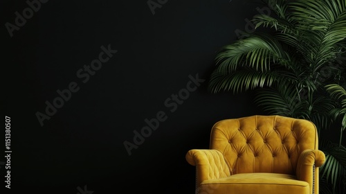 Black wall background with a yellow velvet armchair and a green plant.