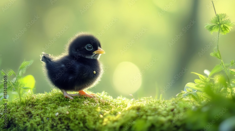 Fototapeta premium A tiny black chick rests on mossy ground in sunlight