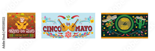 Colorful Cinco De Mayo. Guitars and Colorful Decorations. Cactus mustache cheerful sombrero playing guitar. Set flat vector modern illustration