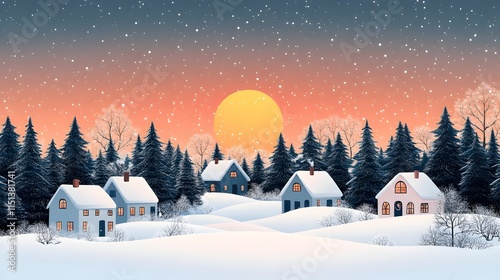a flat vector illustration of a small winter village covered in snow, with the sun rising in soft pastel gradients behind the houses.