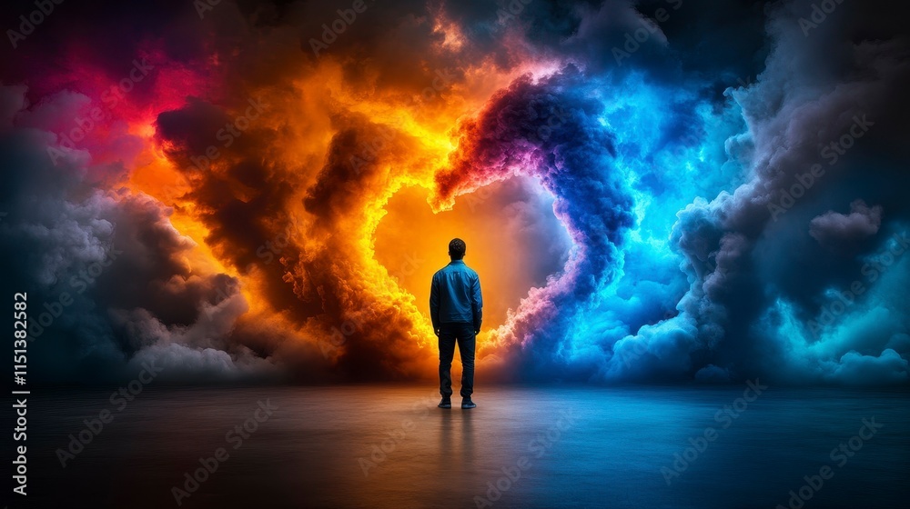 A figure stands before swirling clouds of orange and blue, symbolizing contrast and emotion. A figure stands before swirling clouds of orange and blue, symbolizing contrast and emotion.
