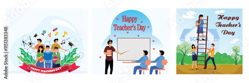 Happy Teacher's Day. Classroom with Teacher and Students. Students Climbing Ladder and School building Background. Set flat vector modern illustration