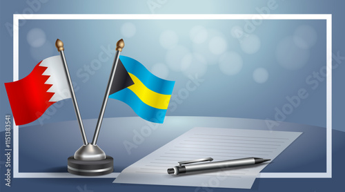 Bahrain and Bahamas National flags on small table with bokeh background, cooperative relationship