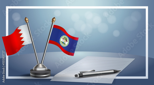 Bahrain and Belize National flags on small table with bokeh background, cooperative relationship