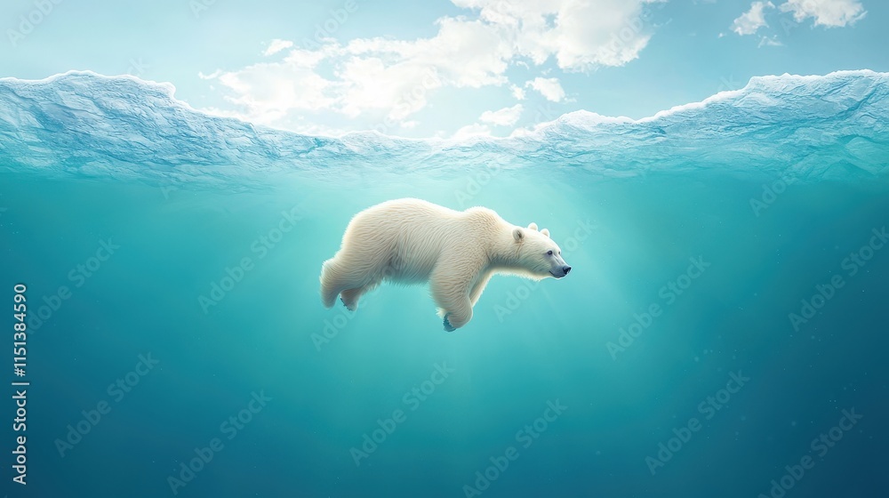 Naklejka premium Polar Bear Swimming Underwater in Clear Blue Water